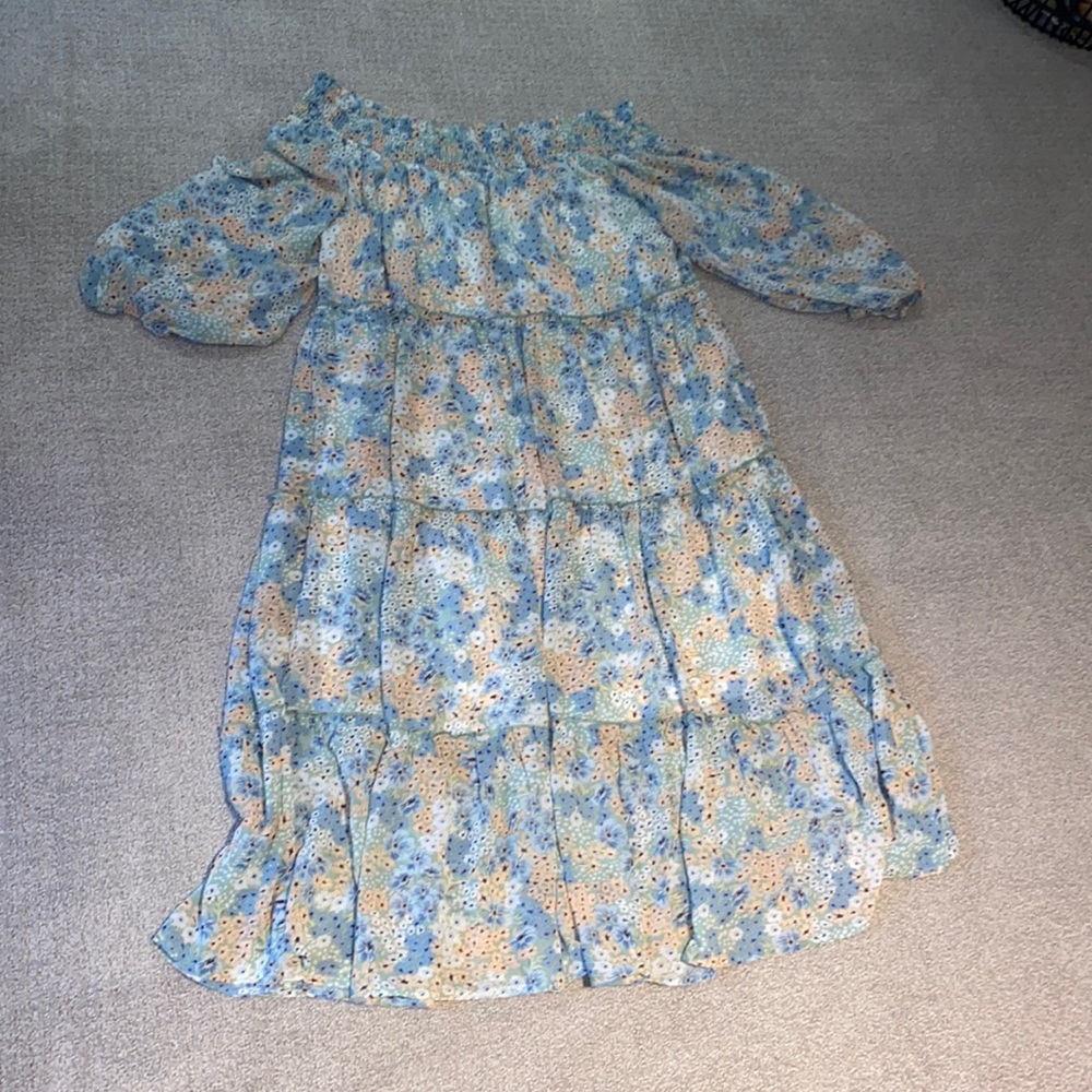 Entro Off Should Floral Dress in Green and Blue